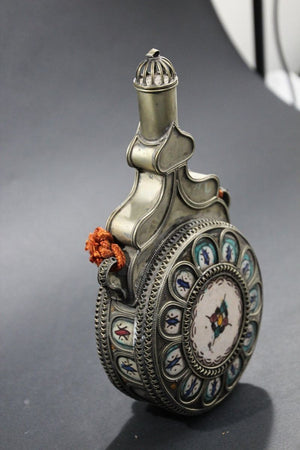 Moroccan Ceramic Flask Bottle from Fez with Silvered Filigree