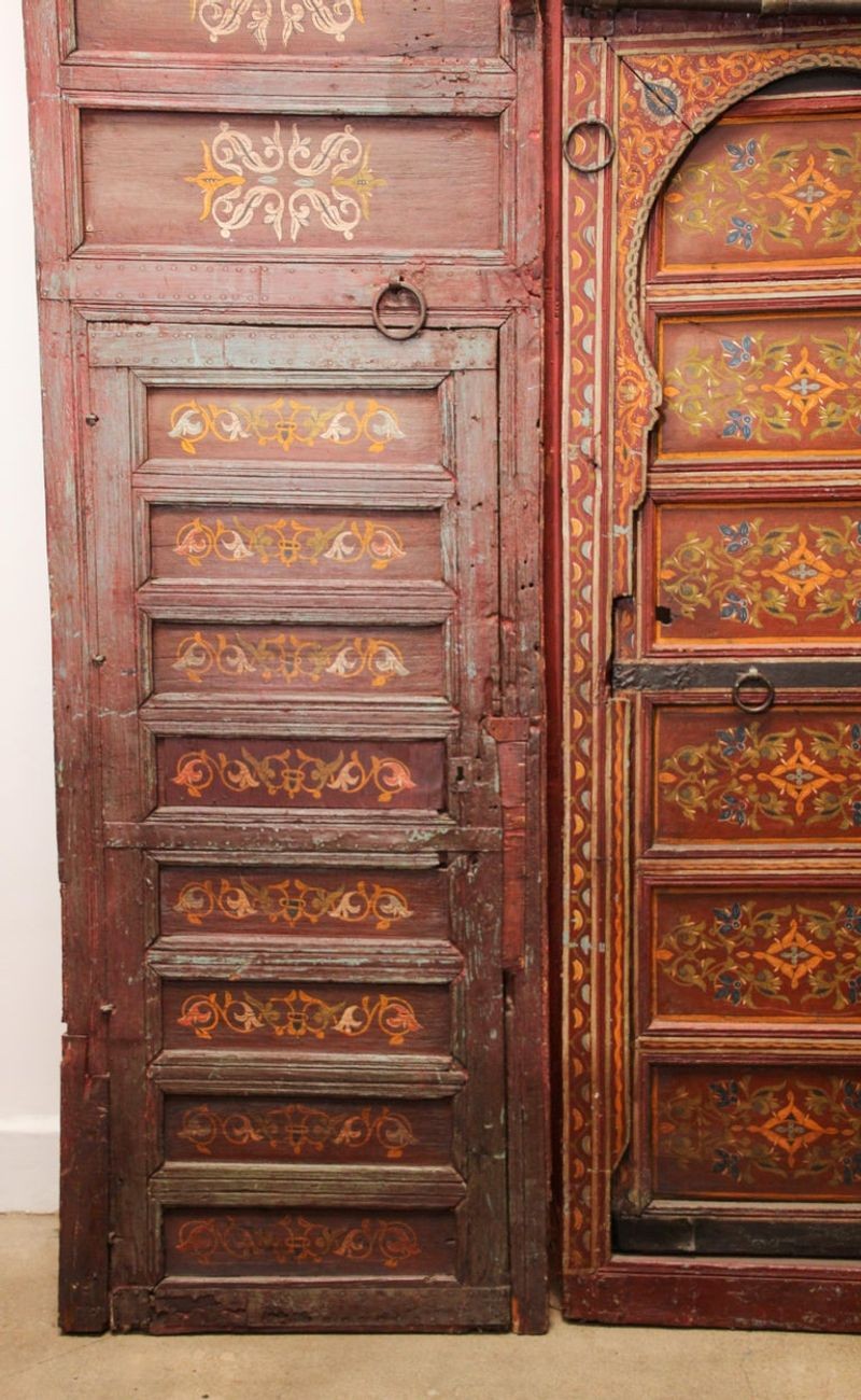 19th Century Moroccan Antique Double Door with Hand Painted Moorish Designs
