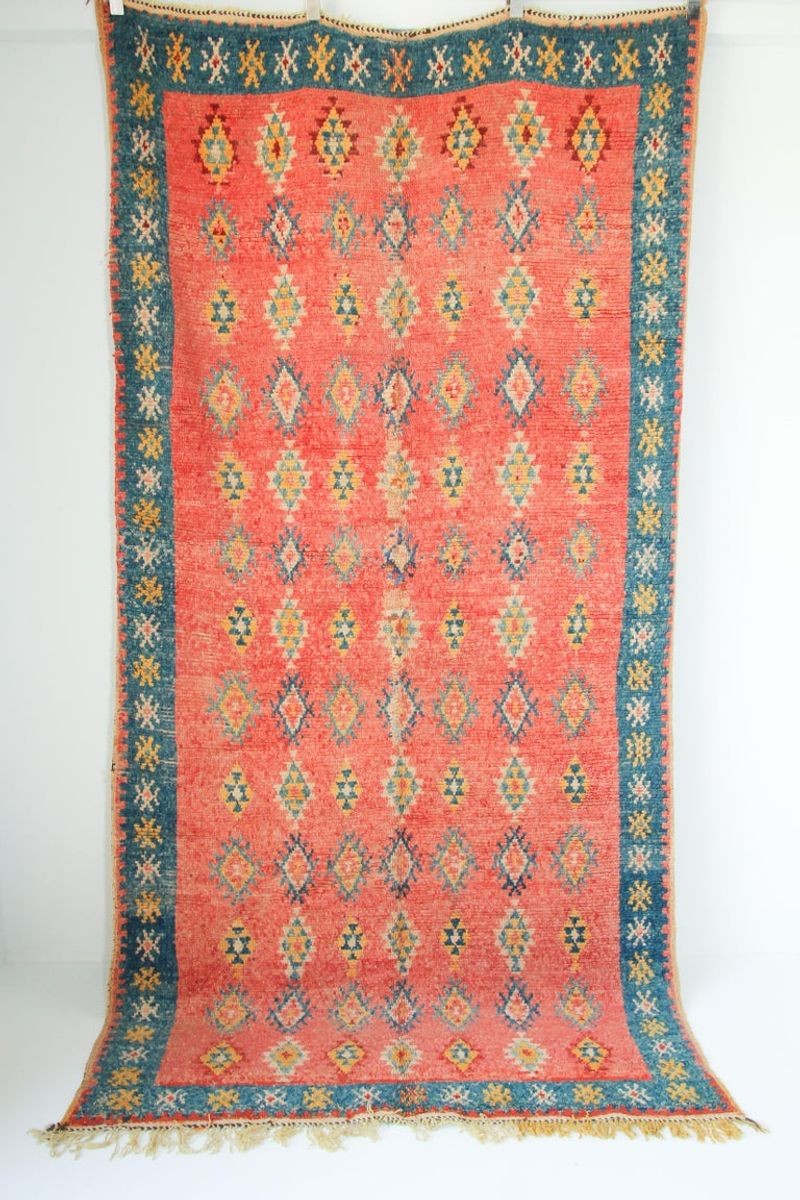 1960s Moroccan Berber Rug, Coral and Teal Geometric Wool, 4'10" × 9'10"