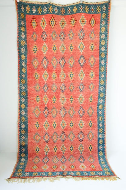 1960s Moroccan Berber Rug, Coral and Teal Geometric Wool, 4'10" × 9'10"