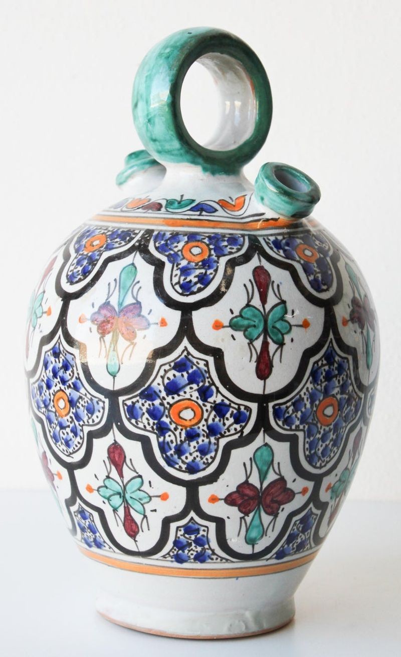 Moorish Ceramic Glazed Water Jug Handcrafted in Fez Morocco