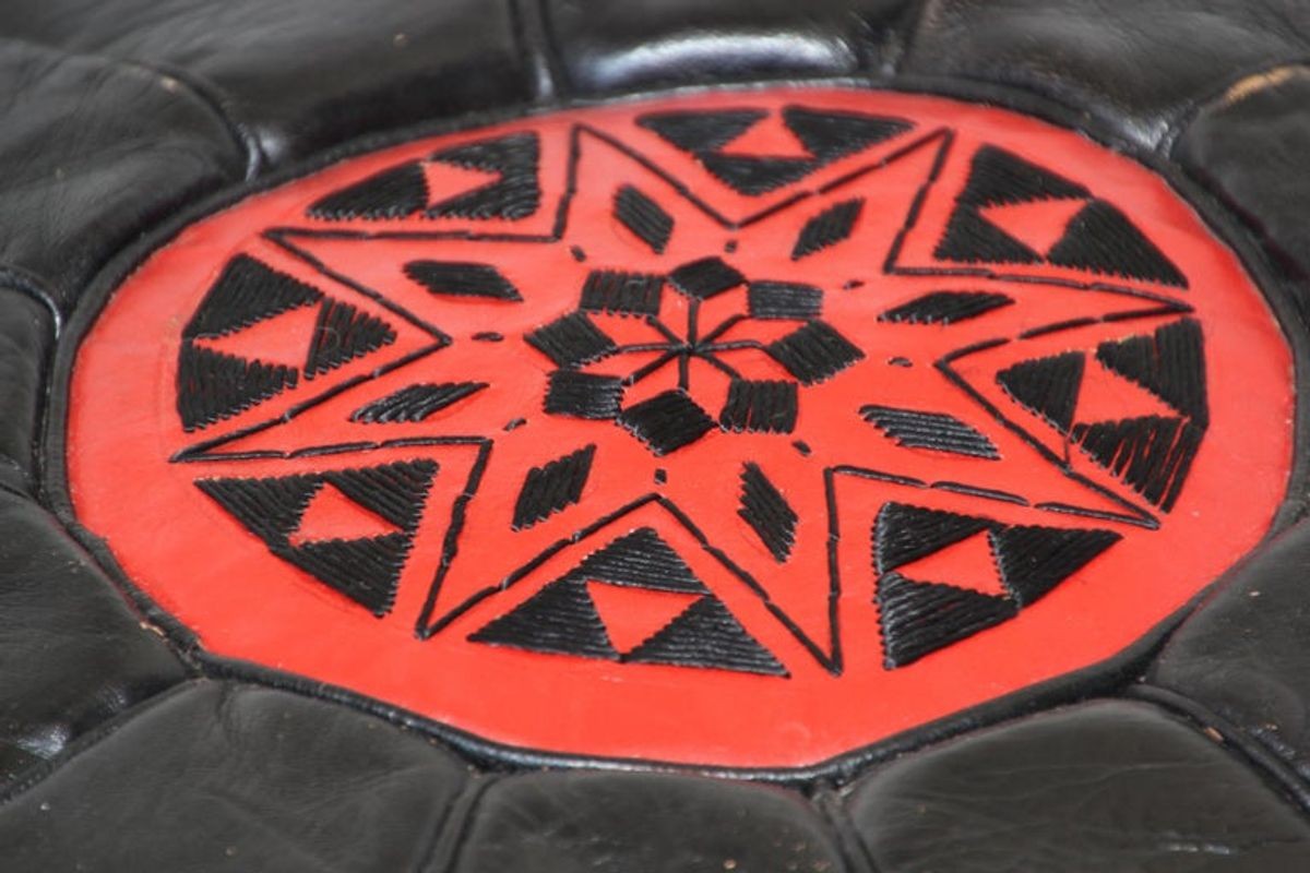 Vintage Moroccan Leather Pouf Hand-Tooled in Marrakesh Red and Black