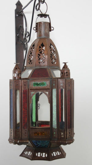 Vintage Moroccan Moorish Metal and Stained Glass Lantern or Pendant