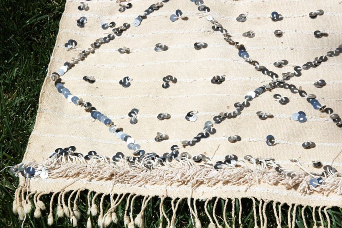 1960s Large Vintage Moroccan Wedding Berber Blanket Throw with Sequins