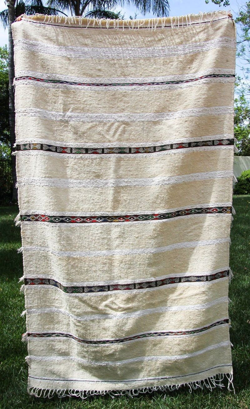 1960s Vintage Authentic Moroccan Wedding Blanket Throw with Sequins