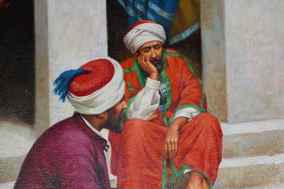 Moroccan Orientalist Oil Painting of a Rug Market
