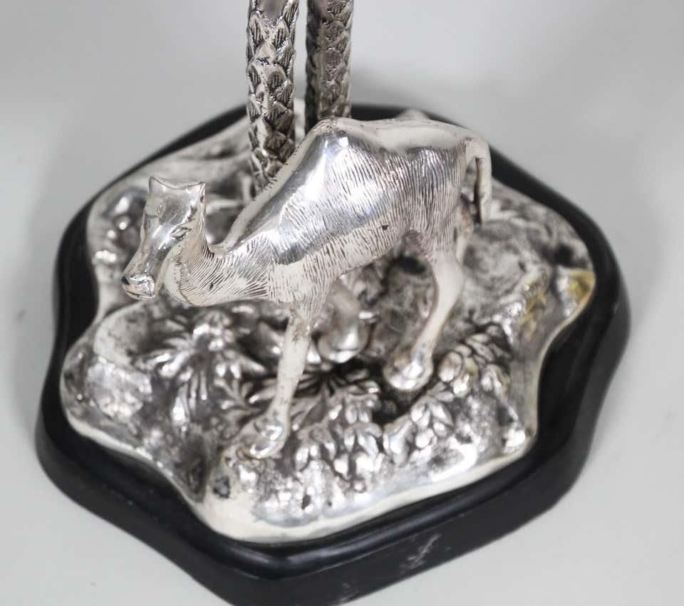 Orientalist Cast Silver Metal Camel Standing Under Palm Trees