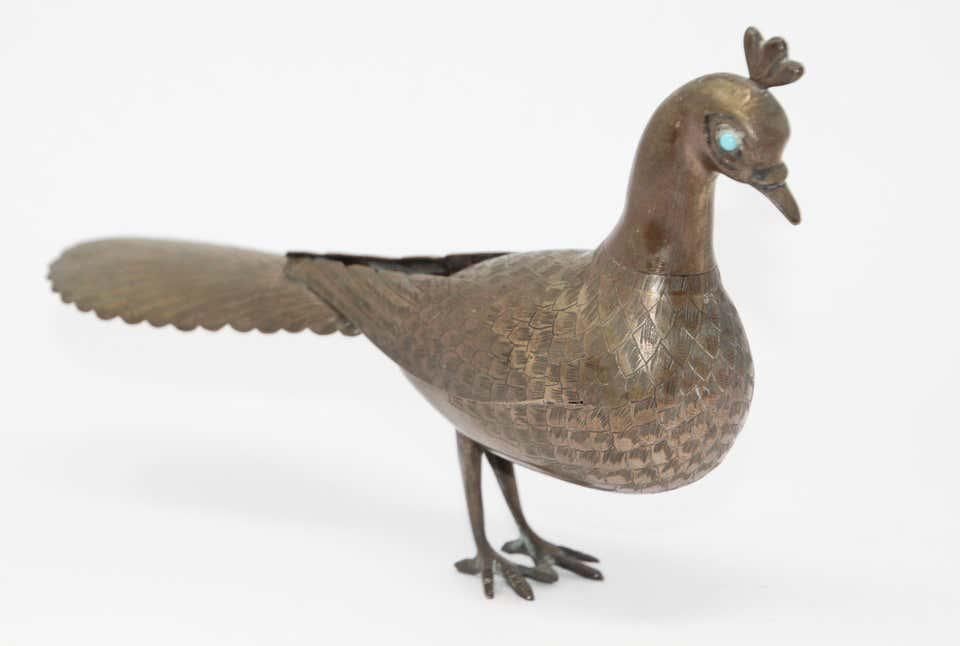 Islamic Qajar Style Damascene Metal Vintage Peacock Figurine, India