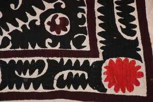 Vintage Samarkand Suzani, Uzbekistan Embroidered Textile Red and Black