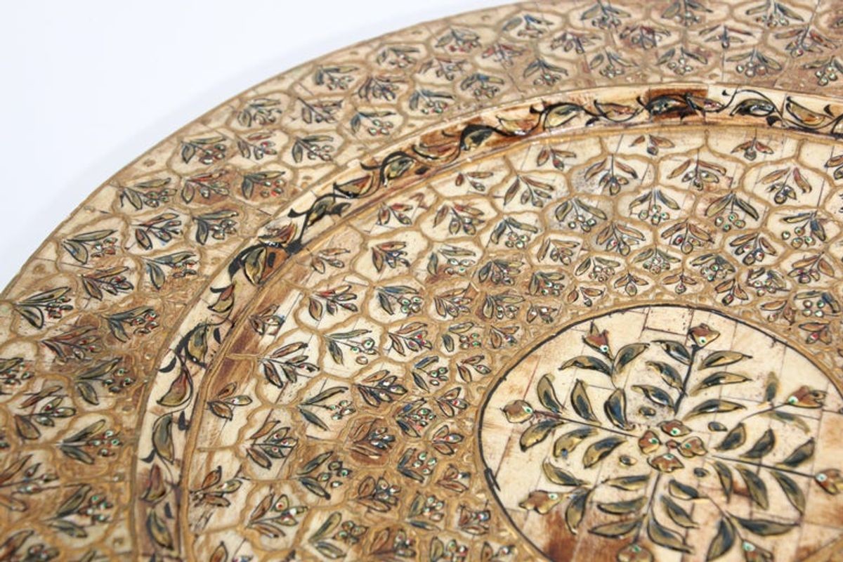 Indian Mughal style Overlaid and Hand Painted Metal Platter 1950