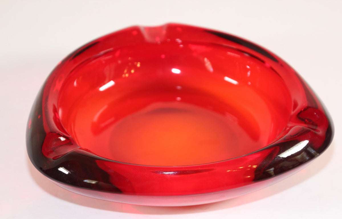 Vintage Mid-Century Glass Ashtray Ruby Red Triangular