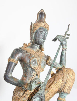 Asian Thai Gilt Vintage Bronze Statue of a Prince Playing Music