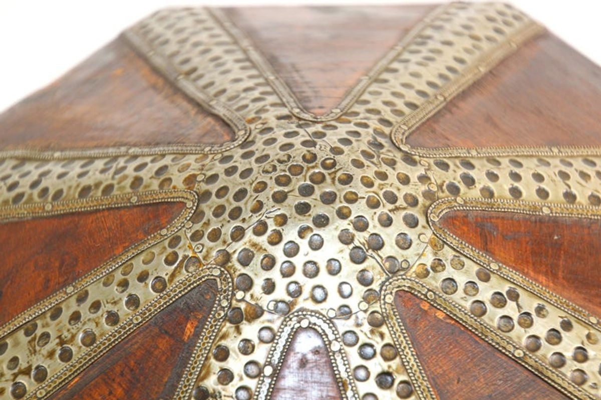 Large Asian Decorative Wooden Jewelry Box with Hammered Brass Metal Overlay