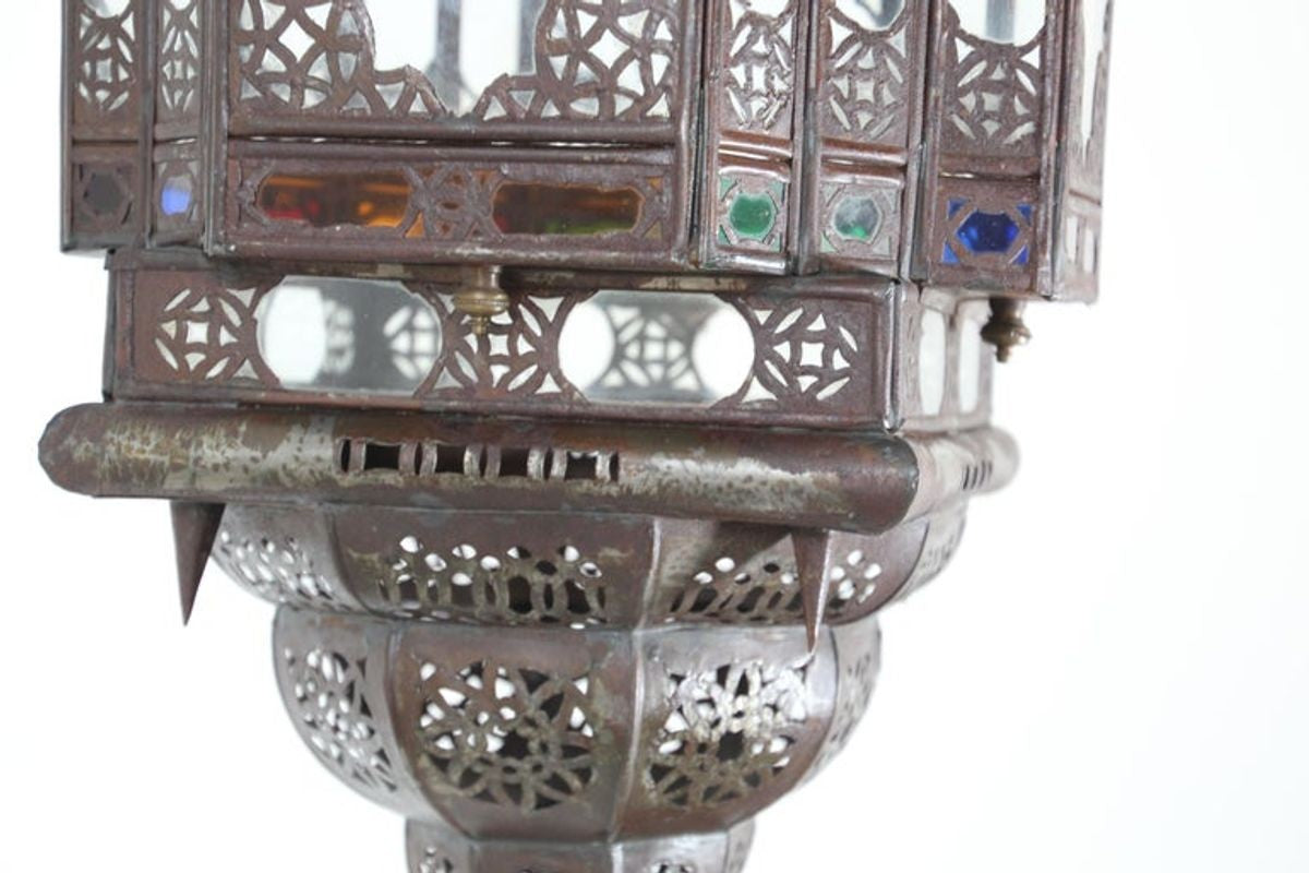 Vintage Moroccan Moorish Bronze Metal & Multicolor Glass Hanging Lantern