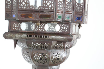 Vintage Moroccan Moorish Bronze Metal & Multicolor Glass Hanging Lantern