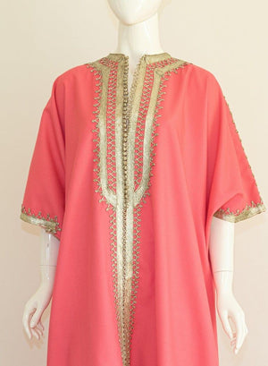 Moroccan Caftan Pink Color with Silver Trim, Vintage Kaftan circa 1970