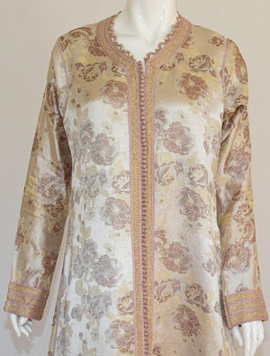 Moroccan Caftan Gold Damask Embroidered, Vintage, 1960s