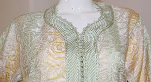 Vintage Moroccan Kaftan, Gold and Sage Damask Embroidered, ca. 1970s