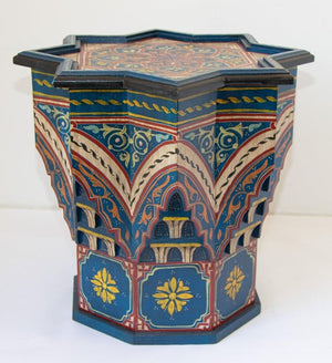 Moroccan Side Table Hand Painted Wood in Moorish Style 1960s