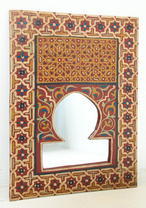 Vintage Moroccan Mirror Hand Painted with Red and Amber Moorish Design