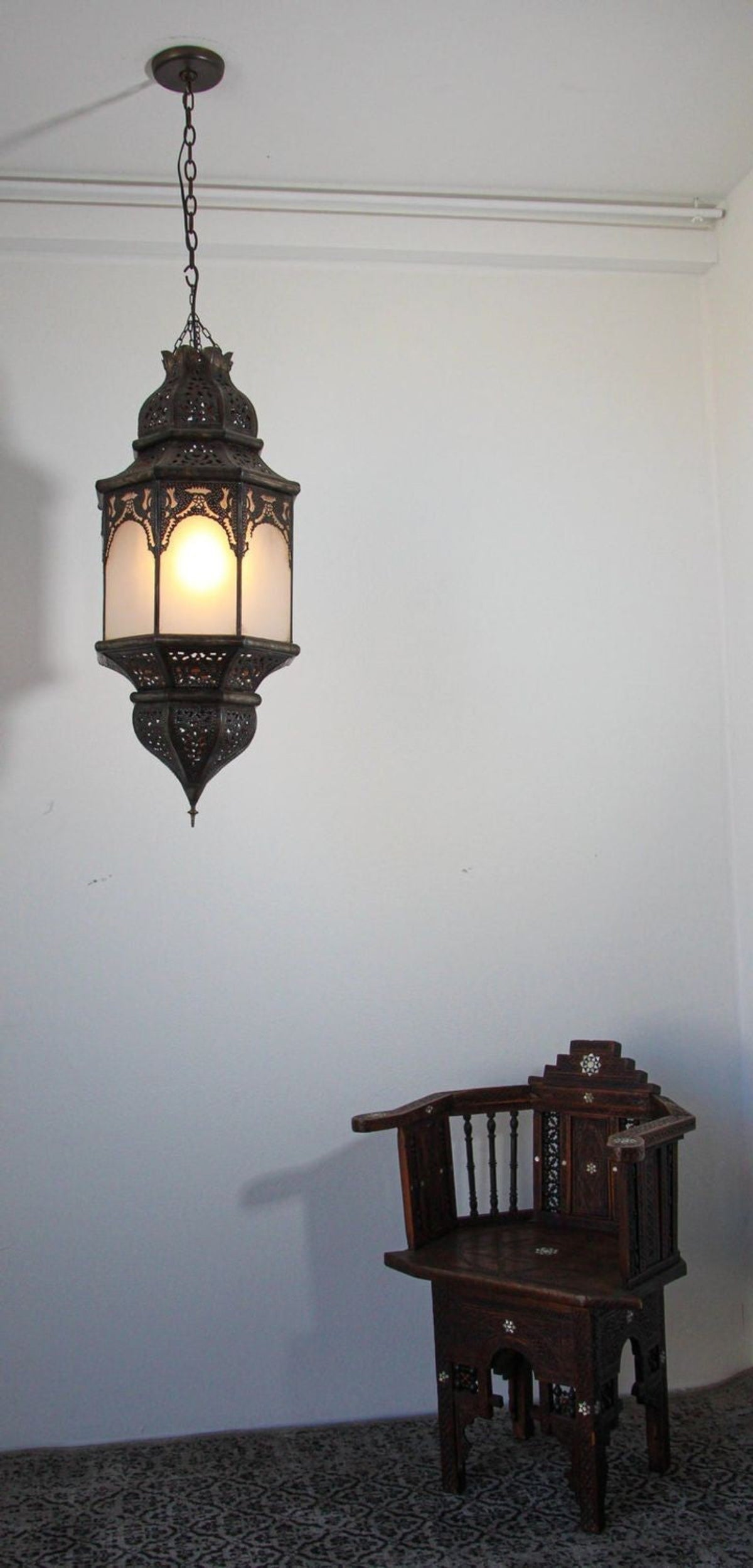 Moroccan Moorish Hanging Metal Lantern with Milky Glass