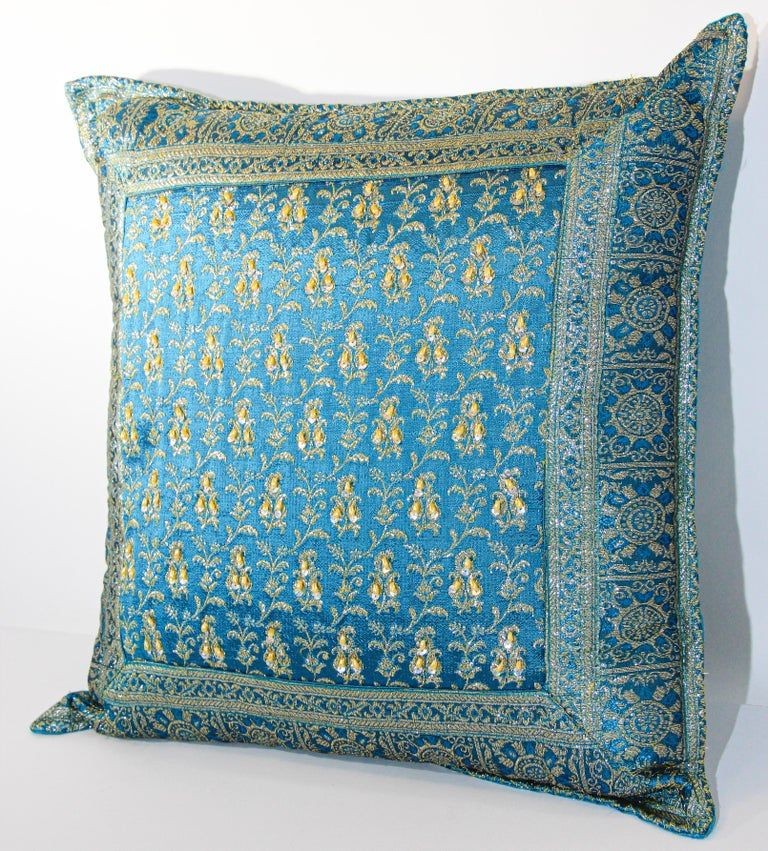 Turquoise Mughal Style Decorative Throw Pillow Embellished with Sequins and Beads