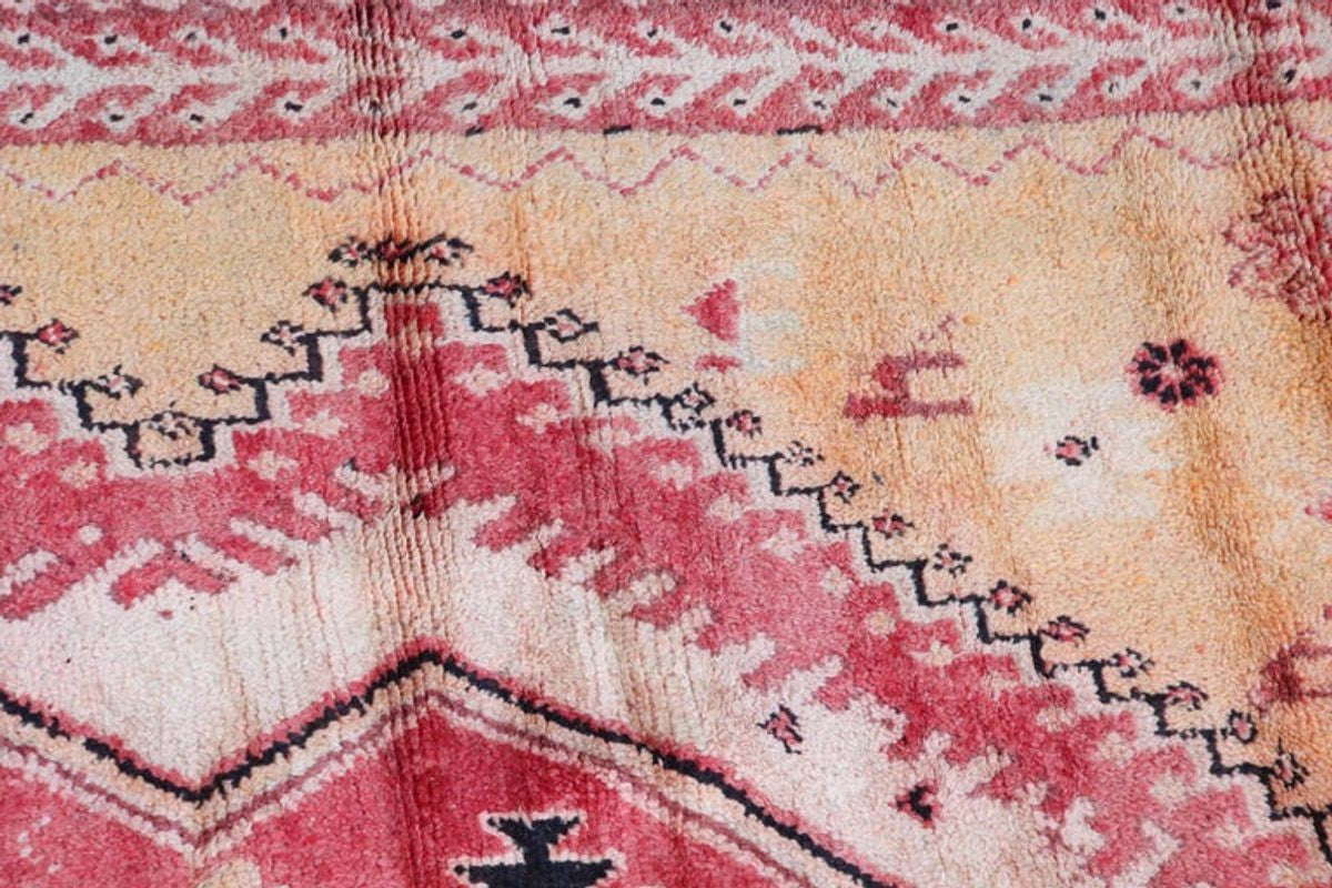 Vintage Moroccan Berber Rug in Saffron, Coral and Black, 71 x 145 in, 1960s