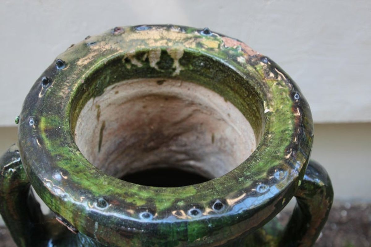 Vintage Moroccan Tamgroute Green Olive Jar with Handles