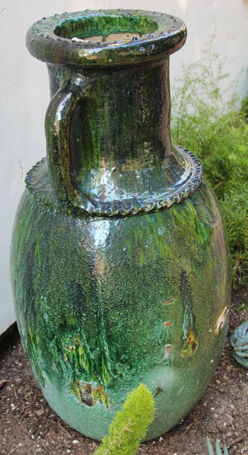 Moroccan Vintage Tamgroute Green Olive Jar with Handles