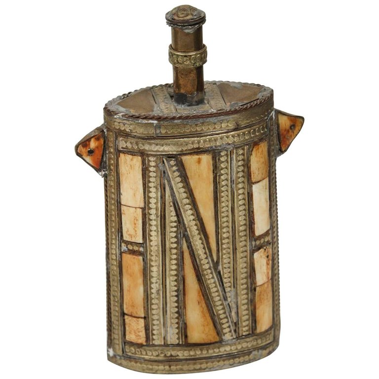 Moroccan Brass Berber Powder Flask Inlaid with Bone