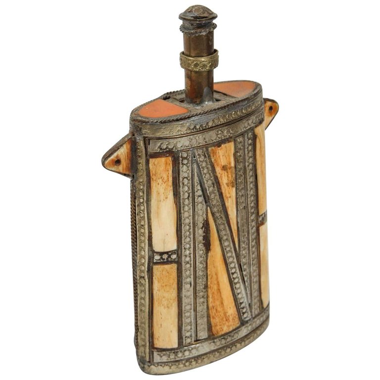 Moroccan Berber Brass Powder Flask with Bone Inlay