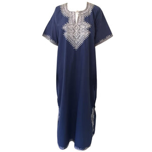 Blue Embroidered Moroccan Caftan Cotton Maxi Dress Size M Circa 1980s