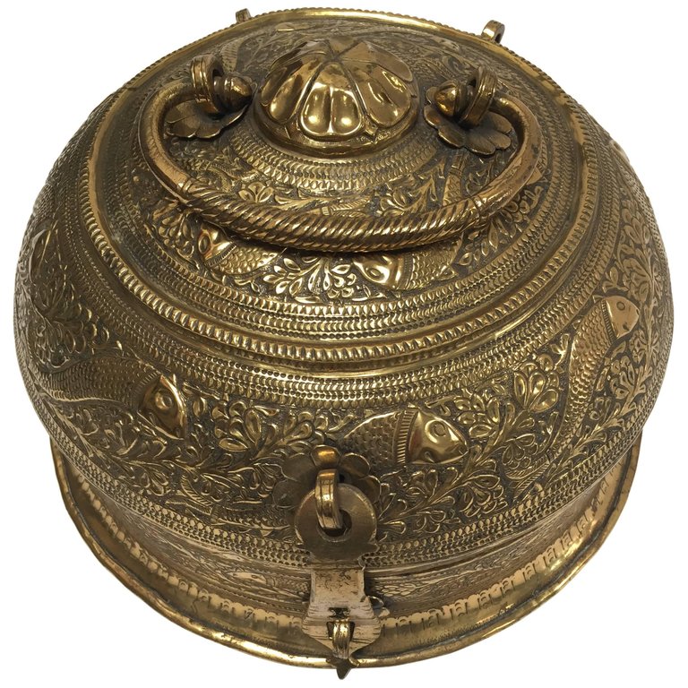 Decorative Large Round Anglo-Indian Brass Box Tea Caddy