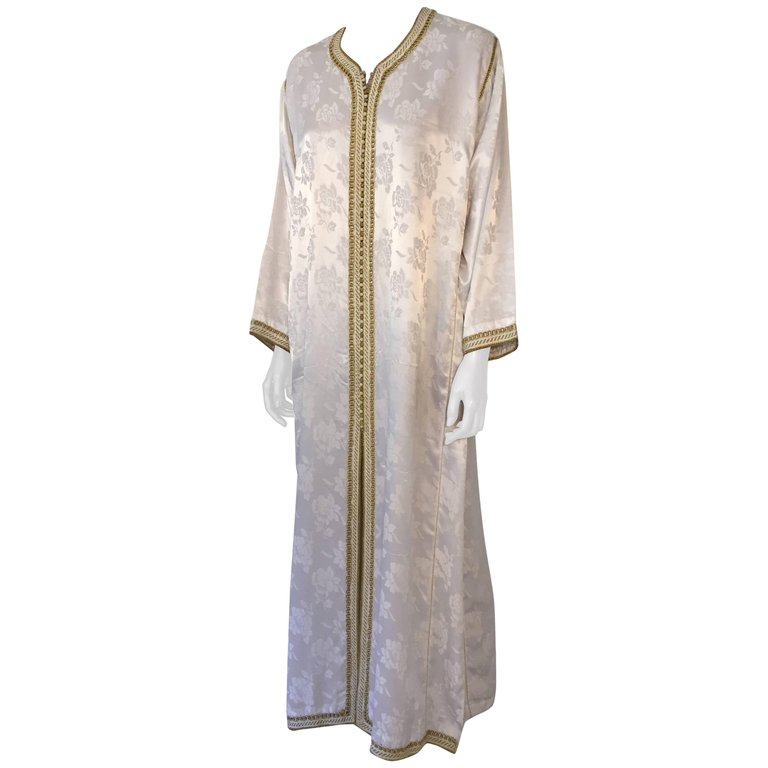Moroccan Caftan Gown White Embroidered with Gold Trim, circa 1970