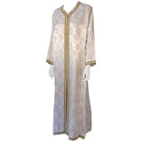 Moroccan Caftan Gown White Embroidered with Gold Trim, circa 1970