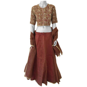 Indian Silk Couture Lehenga Set Beaded Brocade Blouse & Matching Shawl