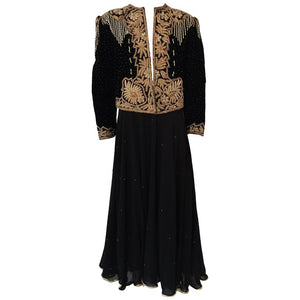 Vintage Embroidered Velvet Evening Two Pieces Gown Vest Skirt and Shawl