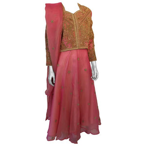 Embroidered Pink and Gold Silk Evening 3 Pieces Gown Vest and Skirt and Shawl