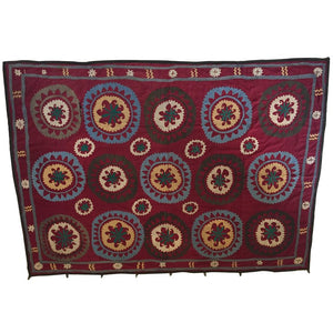 Large Vintage Uzbek Suzani Needlework Textile Blanket or Tapestry