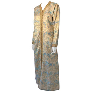 Moroccan Caftan, Turquoise and Gold Brocade Kaftan Size M to L