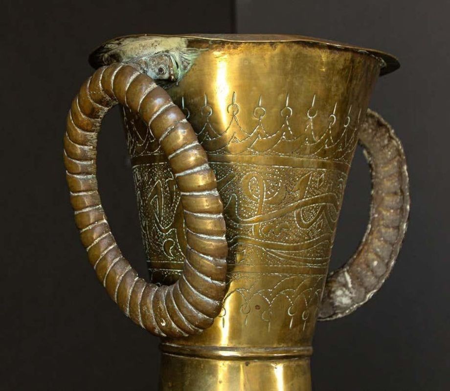 Large Islamic Brass Calligraphic Two-Handled Vase, circa 1920