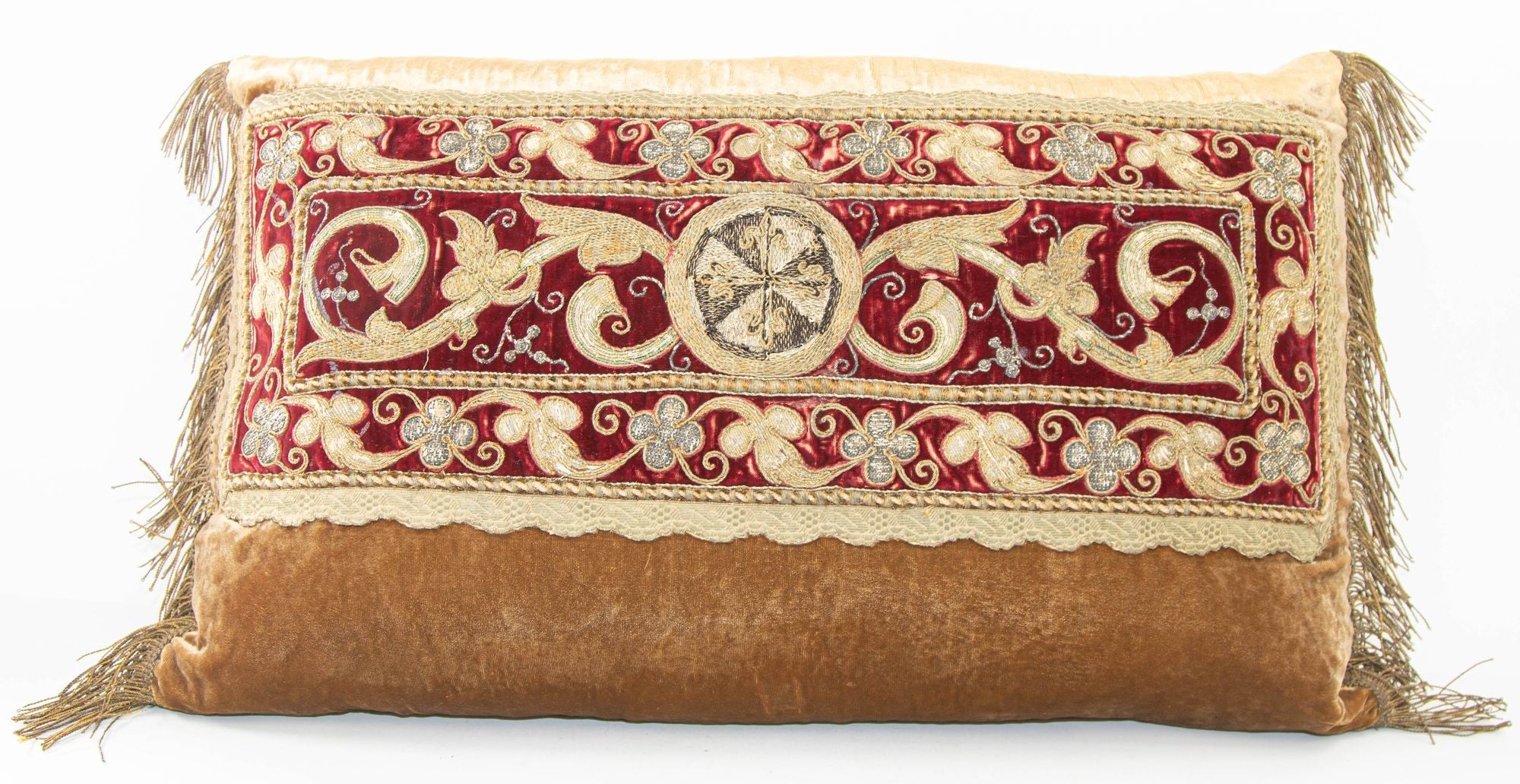 Antique Silk Velvet Lumbar Pillow with Metallic Gold Threads