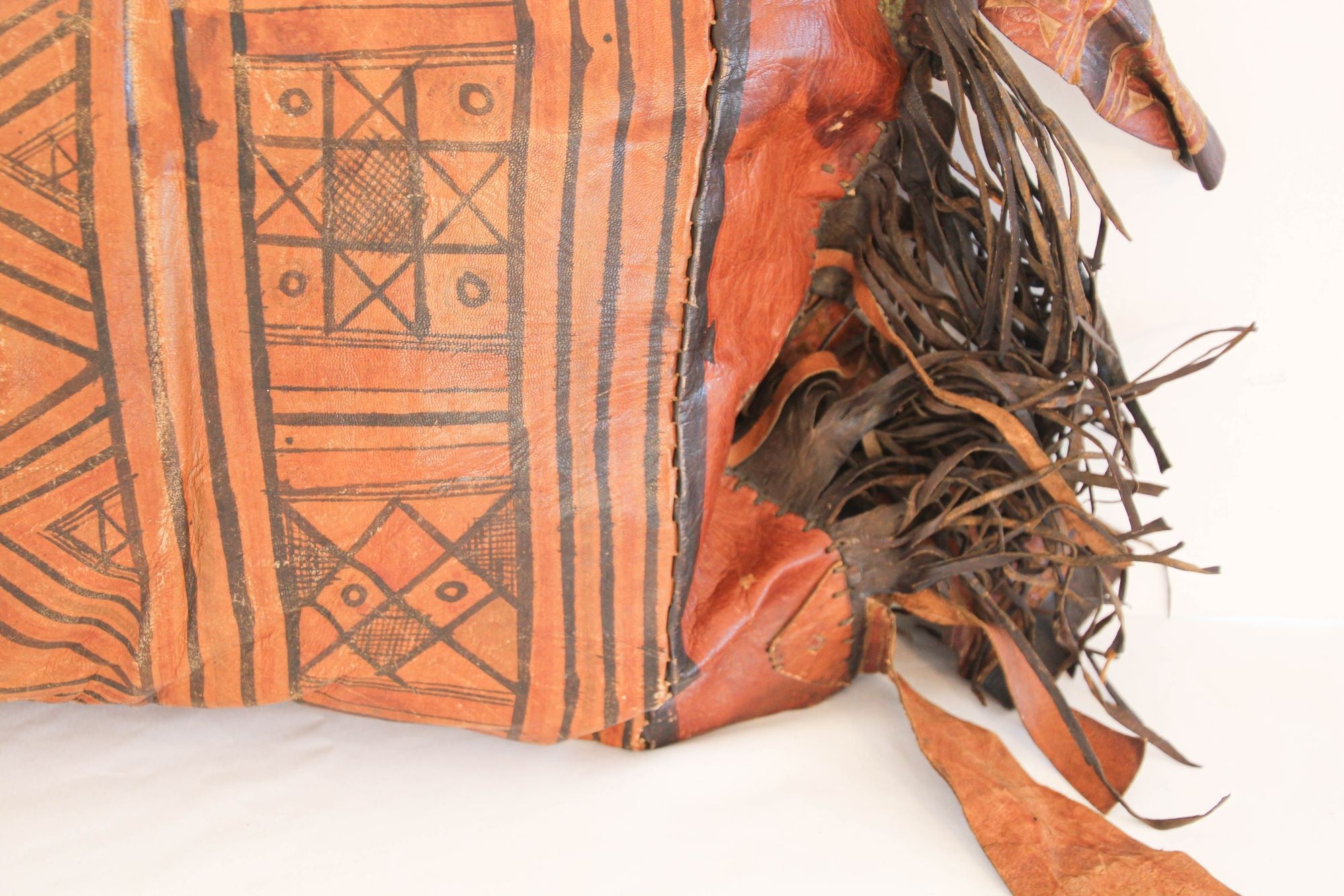 African Tuareg Hand-Tooled Leather Pillow with Fringes
