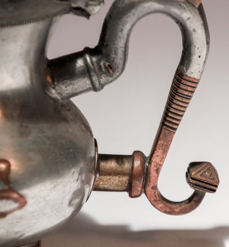 Handcrafted Tuareg Tea Pot, Pewter with Brass & Copper, 1950s