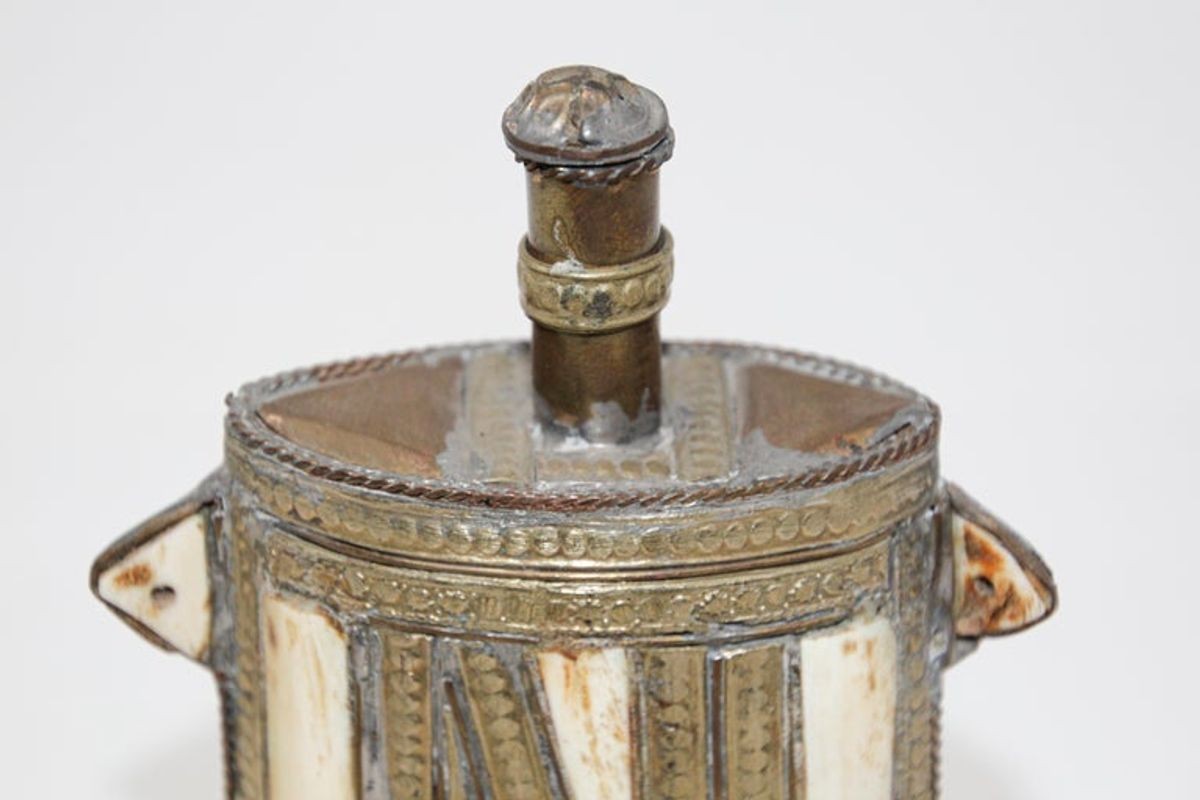 Moroccan Berber Tuareg Brass Powder Flask, Hand-Carved Folk Art, 1920