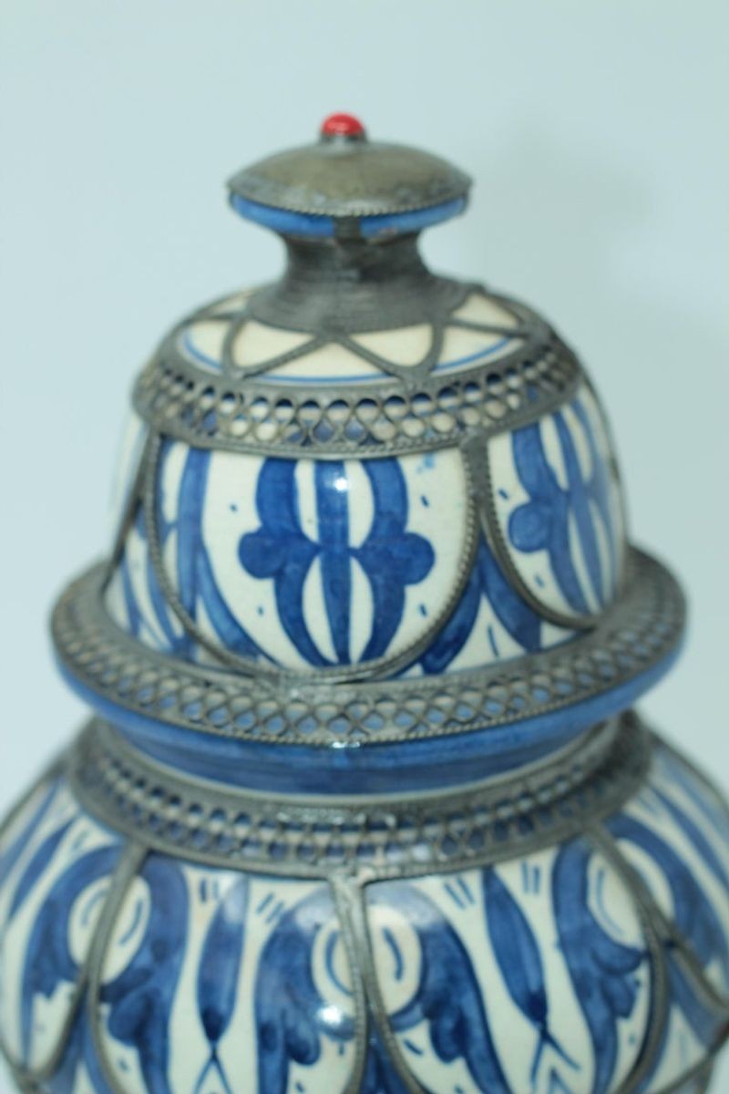 Moroccan Ceramic Vase from Fez Blue and White with Silver Filigree