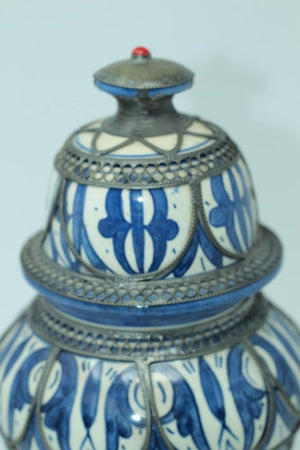 Moroccan Ceramic Vase from Fez Blue and White with Silver Filigree