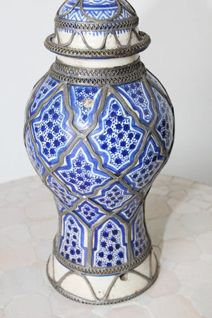 Antique Moroccan Ceramic Candlestick from Fez with Silver Filigree