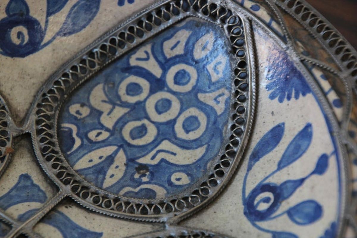 Moroccan Ceramic Blue Bowl Adorned with Silver Filigree from Fez Antique 1920s