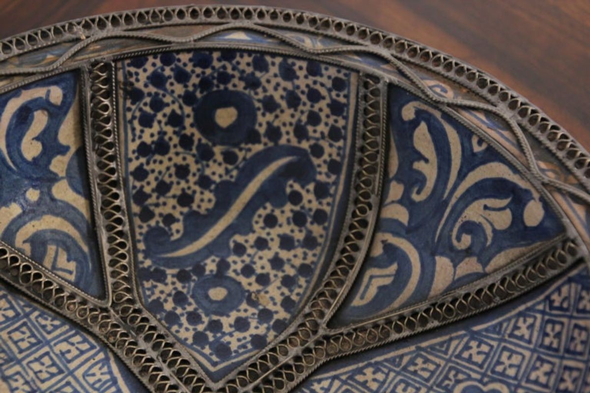 Moroccan Blue Ceramic Dish Bowl Adorned with Silver Filigree from Fez